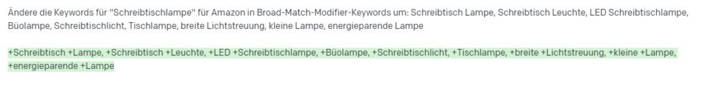 Änderung von Keywords in Broad-Match-Modifier-Keywords für Amazon Marketing mit ChatGPT